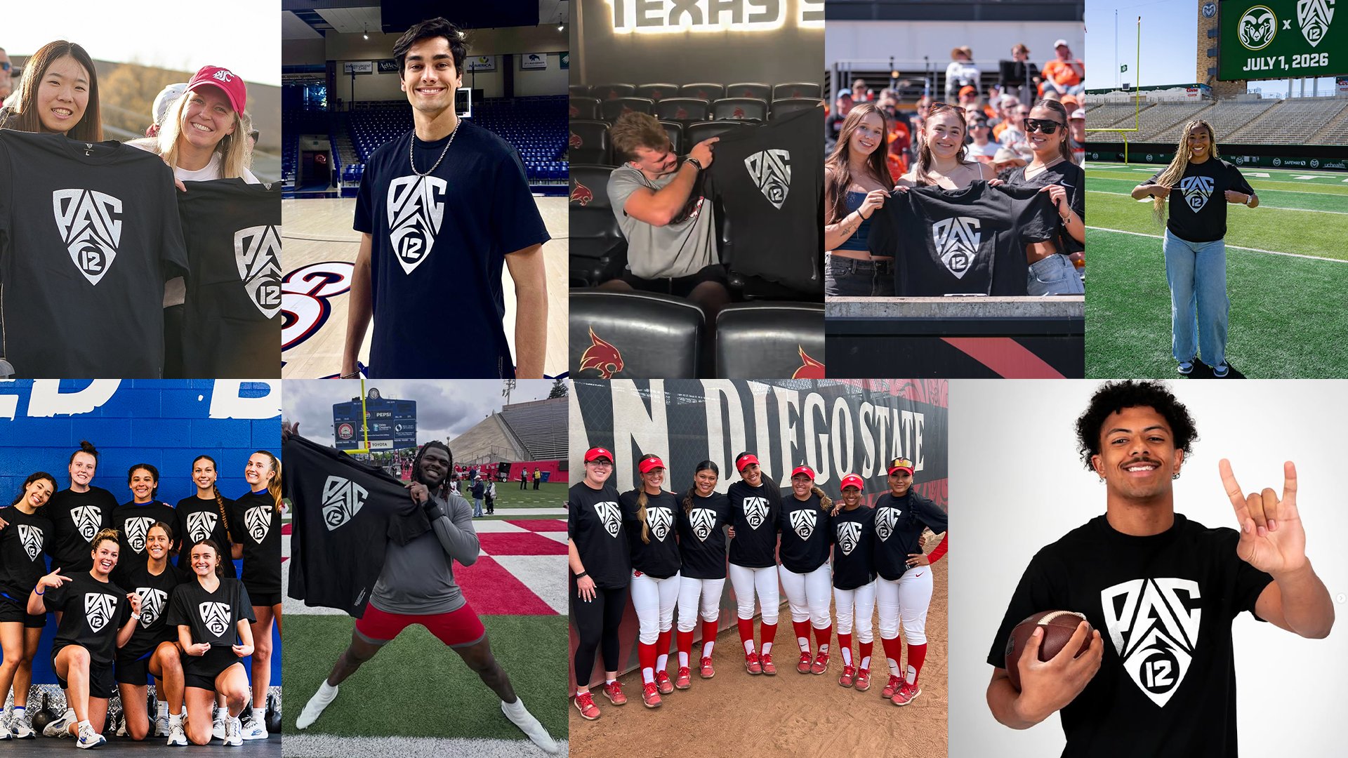 Pac-12 new logo t-shirt giveaway collage at member schools including Boise State, Colorado State, San Diego State, and others