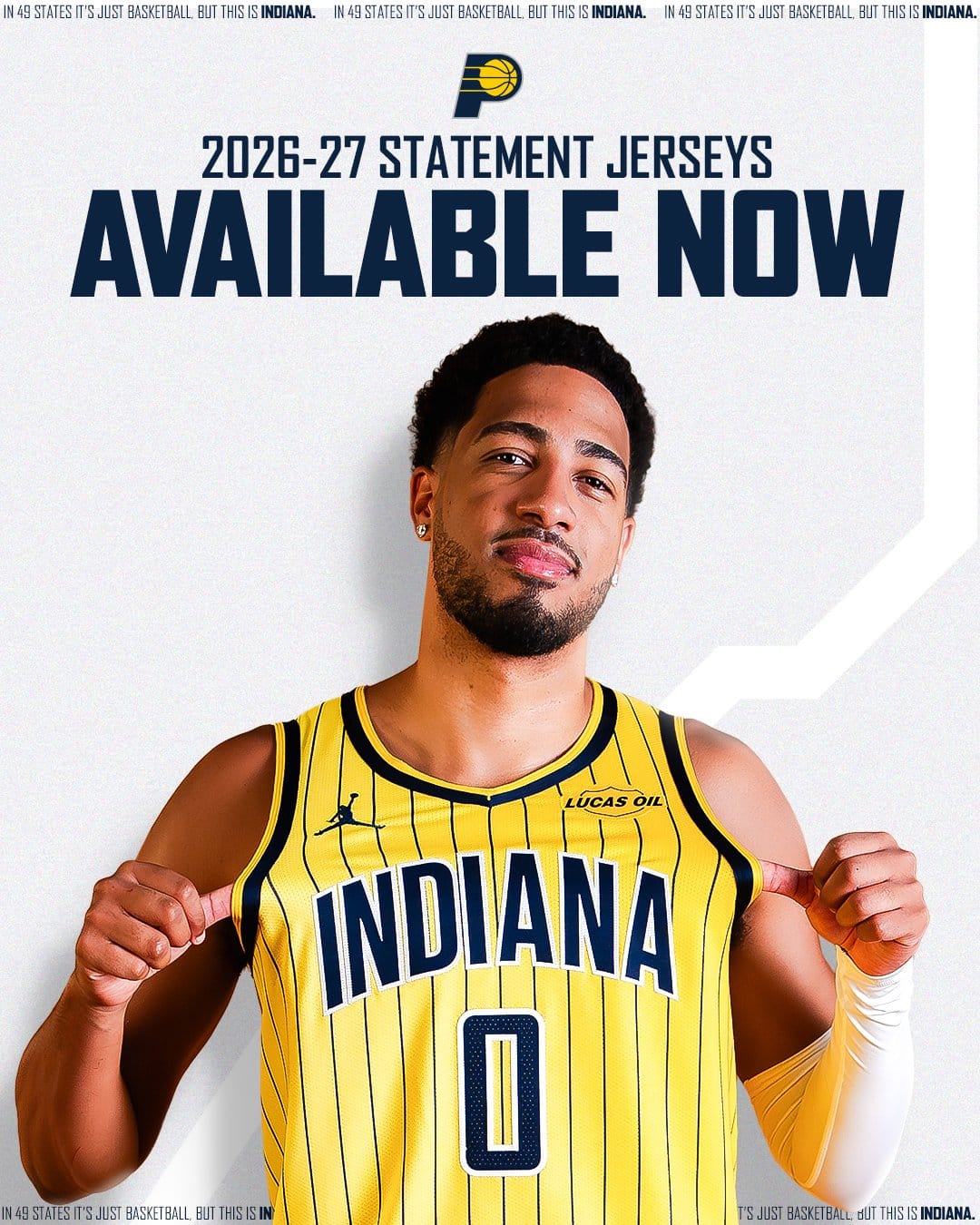 Tyrese Haliburton wearing the Indiana Pacers gold pinstriped 2026-27 Statement Edition jersey, pointing at the Indiana wordmark, under an Available Now headline