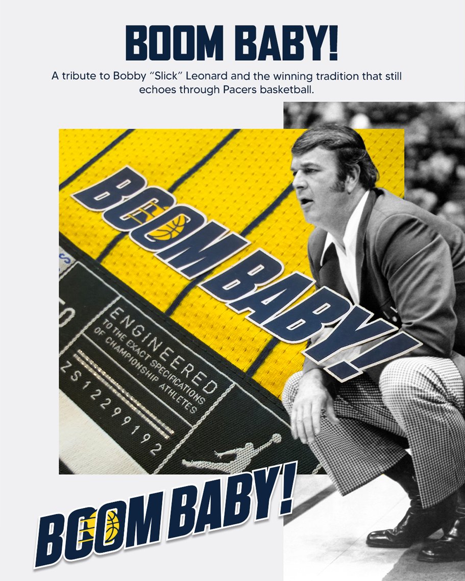 Close-up of the 'Boom, Baby!' tribute stitched on the Pacers 2026 Statement jersey honoring broadcaster Slick Leonard