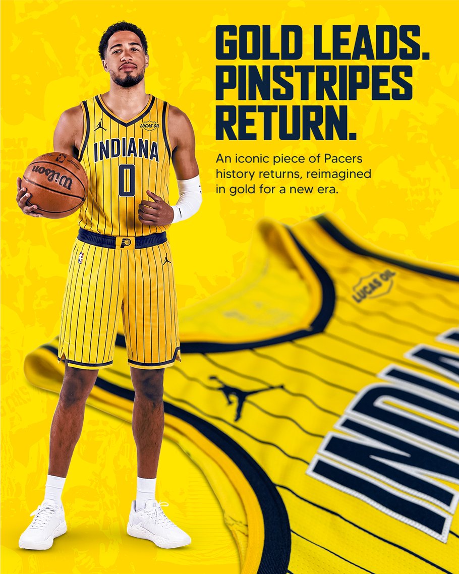 Indiana Pacers 2026 gold Statement Edition uniform with black pinstripes and navy Indiana wordmark