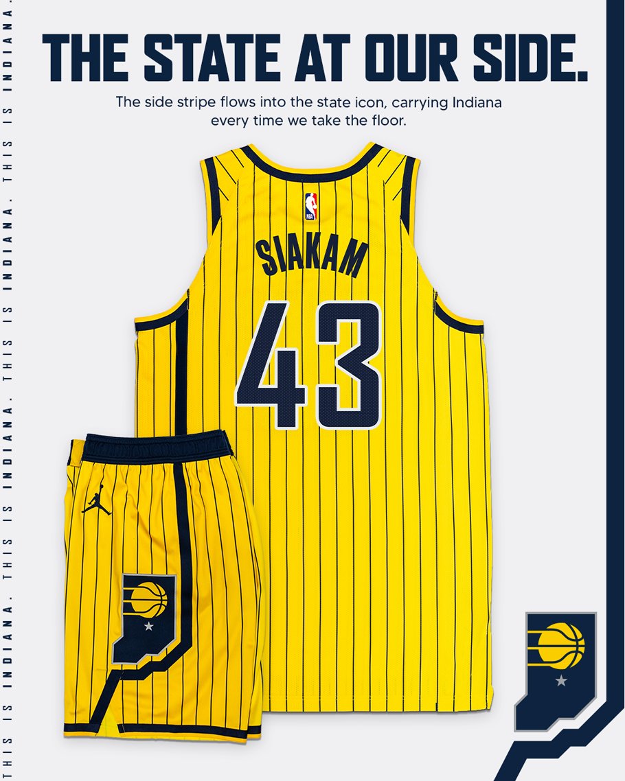 Back of the Pacers 2026 Statement jersey and shorts showing the asymmetrical Indiana state graphic down the side
