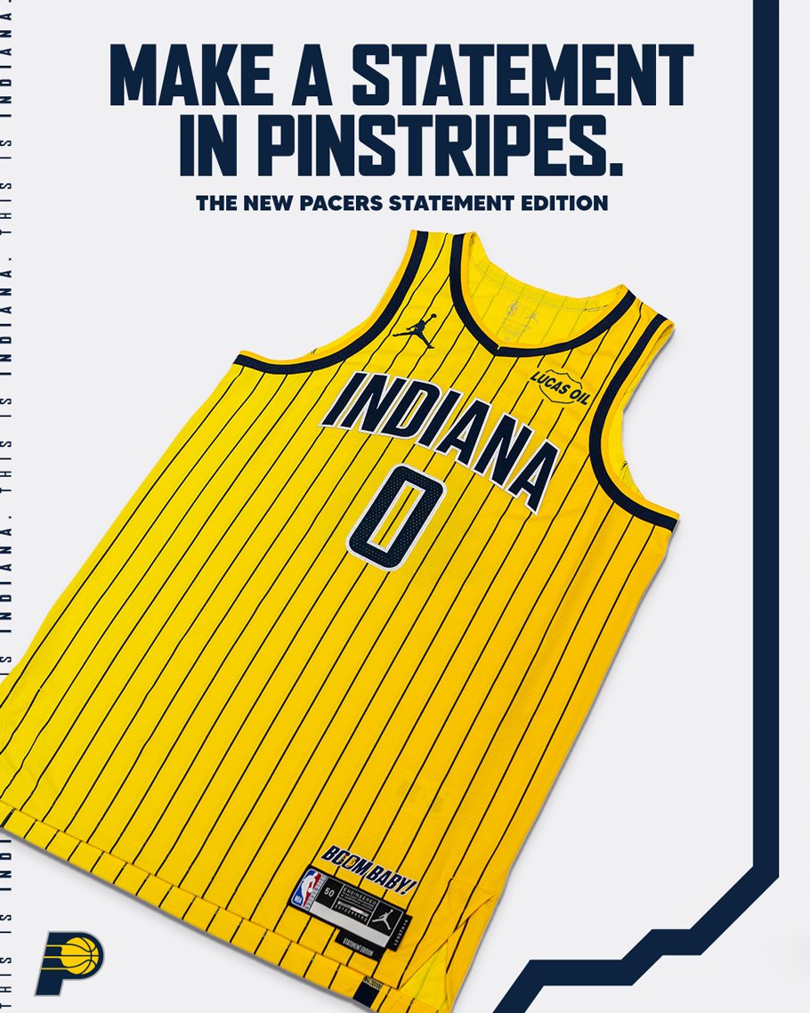 Front view of the Indiana Pacers 2026 gold Statement Edition jersey with black pinstripes and arched Indiana wordmark