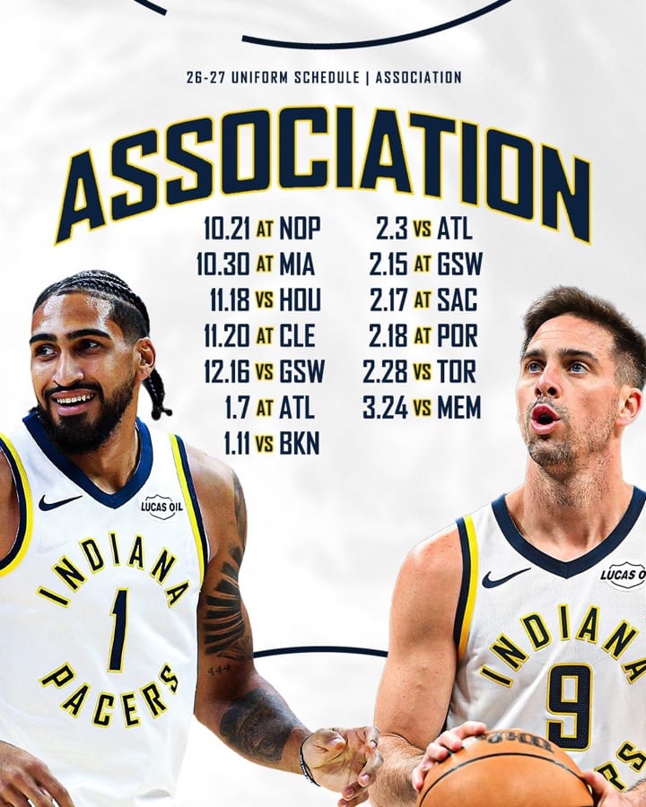Indiana Pacers 2026-27 uniform schedule for the white Association Edition jersey, 13 games from October 21 at New Orleans to March 24 vs Memphis