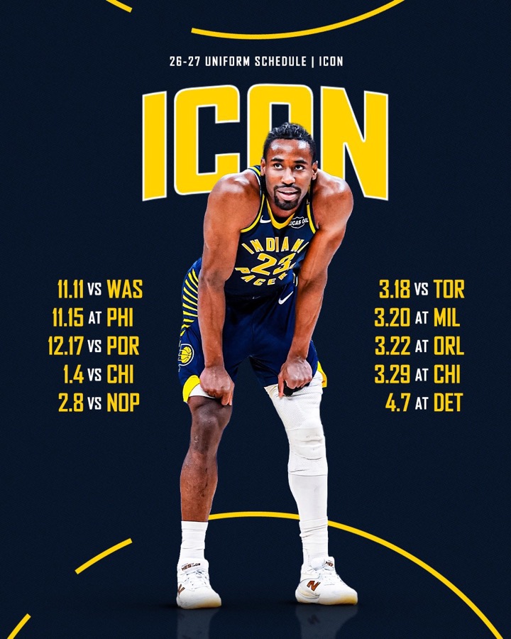 Indiana Pacers 2026-27 uniform schedule for the navy Icon Edition jersey, 10 games from November 11 vs Washington to April 7 at Detroit