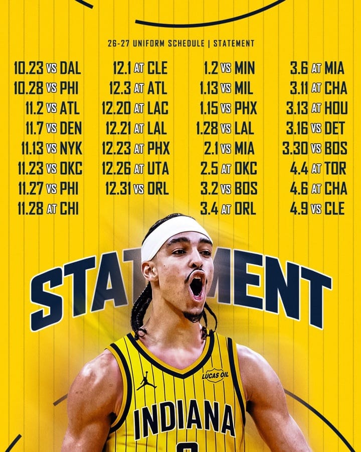 Indiana Pacers 2026-27 uniform schedule for the gold pinstriped Statement Edition jersey, 31 games from October 23 vs Dallas to April 9 vs Cleveland