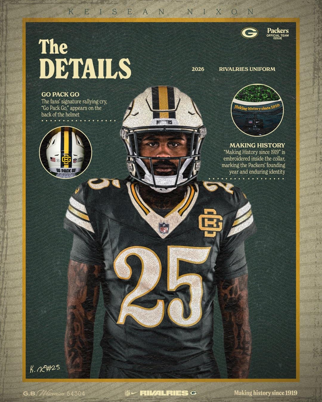 Green Bay Packers Rivalries uniform detail card: Go Pack Go on the back of the helmet and Making History since 1919 inside the collar