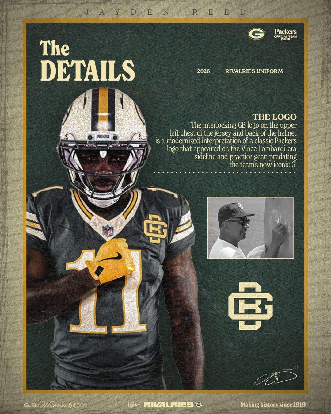 Green Bay Packers Rivalries uniform detail card: the interlocking GB logo, a modernized Lombardi-era sideline mark