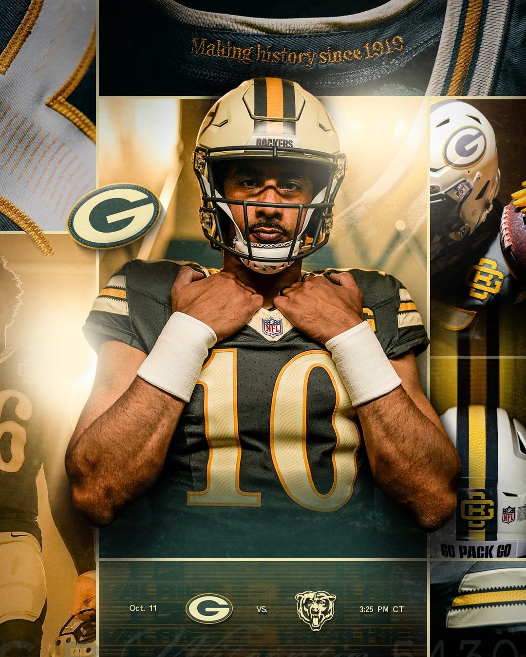 Green Bay Packers 1919 Rivalries uniform, hunter green with cream trim and a cream matte helmet with the interlocking GB logo