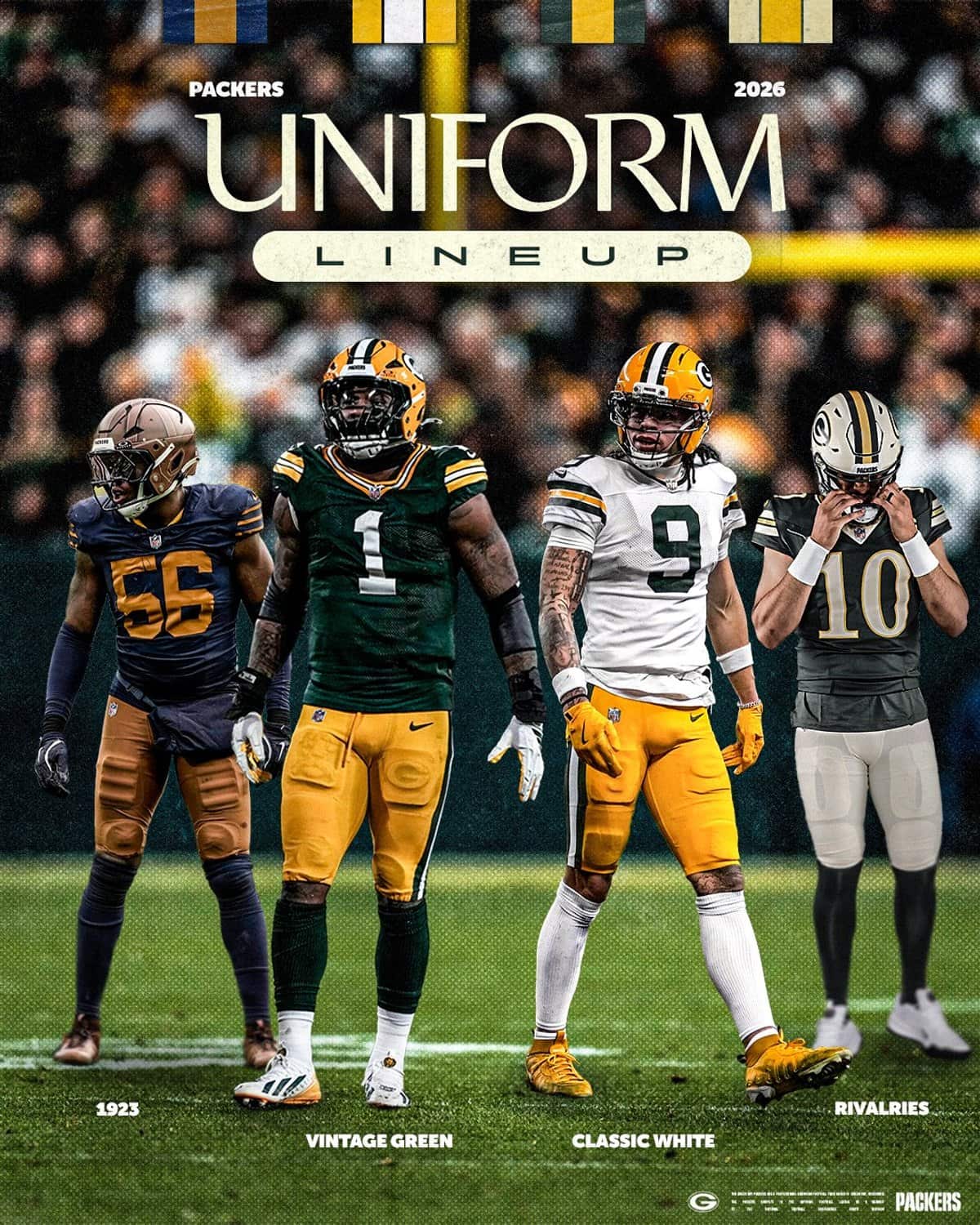 Green Bay Packers 2026 uniform lineup graphic showing four uniforms: the 1923 navy and gold throwback, Vintage Green, Classic White, and the new Rivalries set