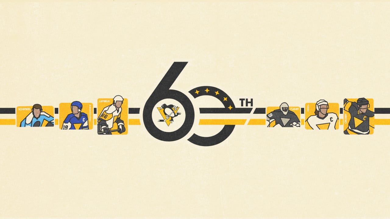 Pittsburgh Penguins 60th anniversary logo, a black 60 with the skating penguin inside the 6 and five gold stars arched over the 0, on a cream graphic with black and gold stripes