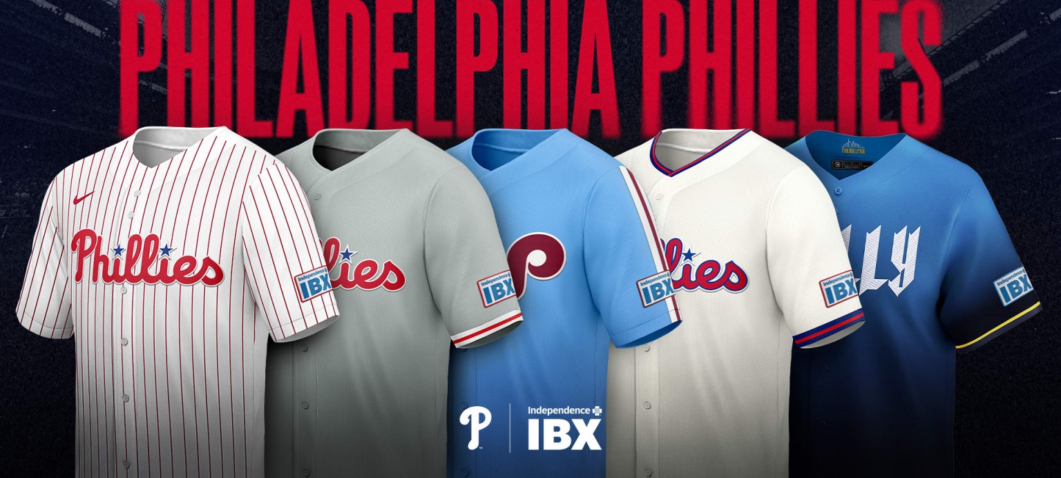 All five Philadelphia Phillies 2026 uniforms with Independence Blue Cross IBX jersey patch