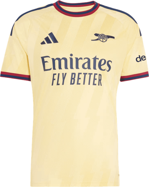 Arsenal 2026/27 pale yellow third shirt with navy and burgundy collar and cuff trim and the navy cannon crest, worn at Aston Villa on August 31 2026