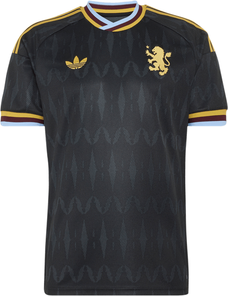 Aston Villa 2026/27 black and gold away shirt by adidas with a gold lion crest and claret and sky blue collar trim, worn in the 4-0 loss at Brighton