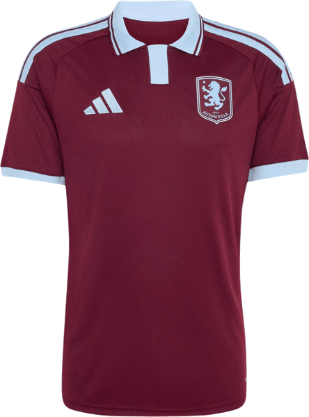 Aston Villa 2026/27 claret home shirt with sky blue collar and sleeve stripes, worn against Arsenal on August 31 2026