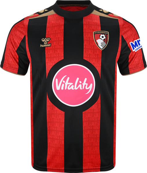 AFC Bournemouth 2026/27 red and black striped home shirt, their first by hummel, with gold chevrons on the shoulders, worn at Manchester City