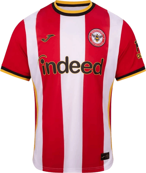 Brentford 2026/27 red and white striped home shirt by Joma, worn in the 3-0 win over Tottenham on the opening weekend