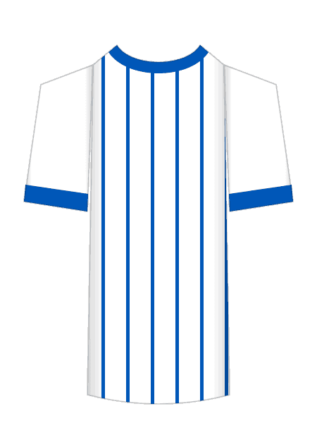 Brighton white away shirt colorway render with royal blue pinstripes and the 125th anniversary collar, worn at Chelsea on August 30 2026
