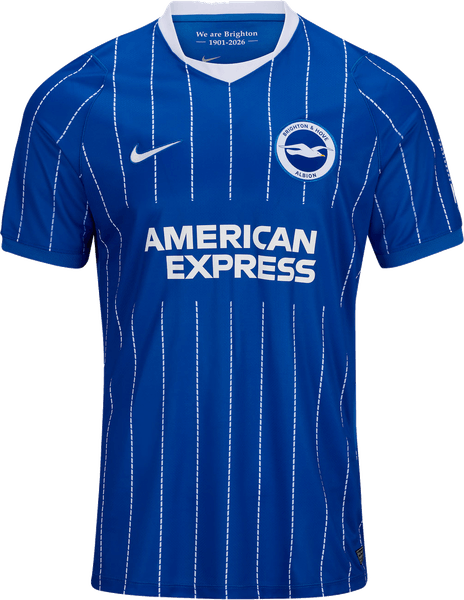 Brighton and Hove Albion 2026/27 royal blue home shirt by Nike with white pinstripes and a 125th anniversary collar inscription, worn in the 4-0 win over Aston Villa