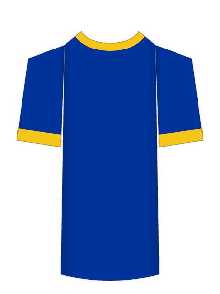 Everton 2026/27 royal blue home shirt colorway render with amber collar and cuff trim, worn against Manchester United on September 6 2026