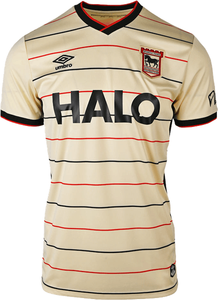 Ipswich Town 2026/27 cream yellow away shirt with black and red horizontal pinstripes, worn at Manchester United on August 30 2026