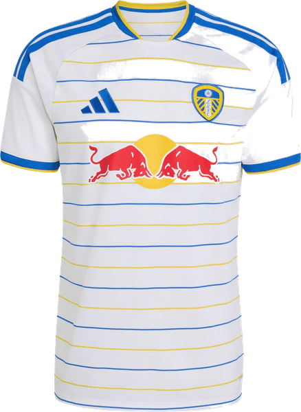Leeds United 2026/27 white home shirt by adidas with horizontal blue and yellow pinstripes, worn in the 1-0 opening weekend win at Nottingham Forest