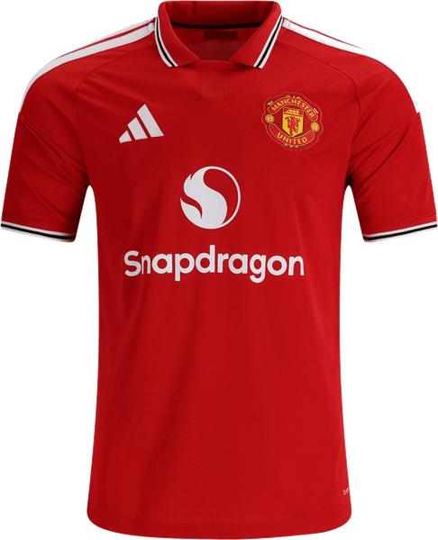 Manchester United 2026/27 red home shirt colorway render with the white 1977 polo collar, worn at Everton on September 6 2026