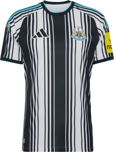 Newcastle United 2026/27 black and white striped home shirt by adidas with a bright blue shoulder accent, worn at home against Liverpool
