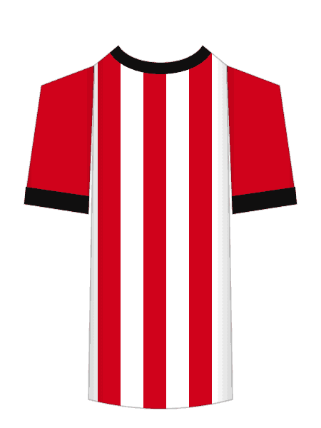 Sunderland 2026/27 red and white striped home shirt with black trim, worn at Ipswich Town on the opening weekend
