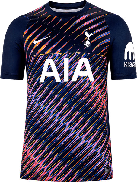 Tottenham Hotspur 2026/27 navy away shirt with coloured streak pattern, worn at Brentford with home white socks to clear the kit clash