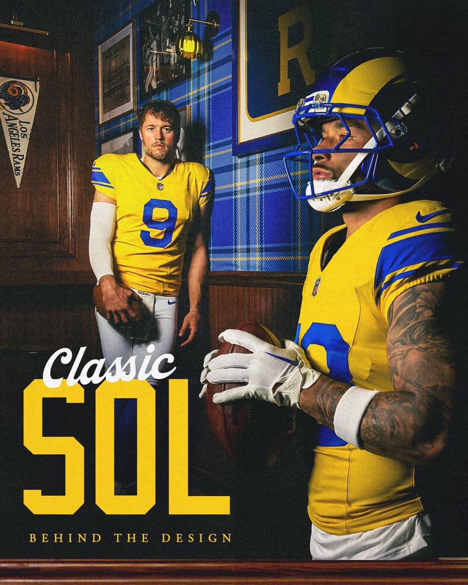 Los Angeles Rams new 2026 Classic Sol gold alternate jersey with royal blue numbers and white pants