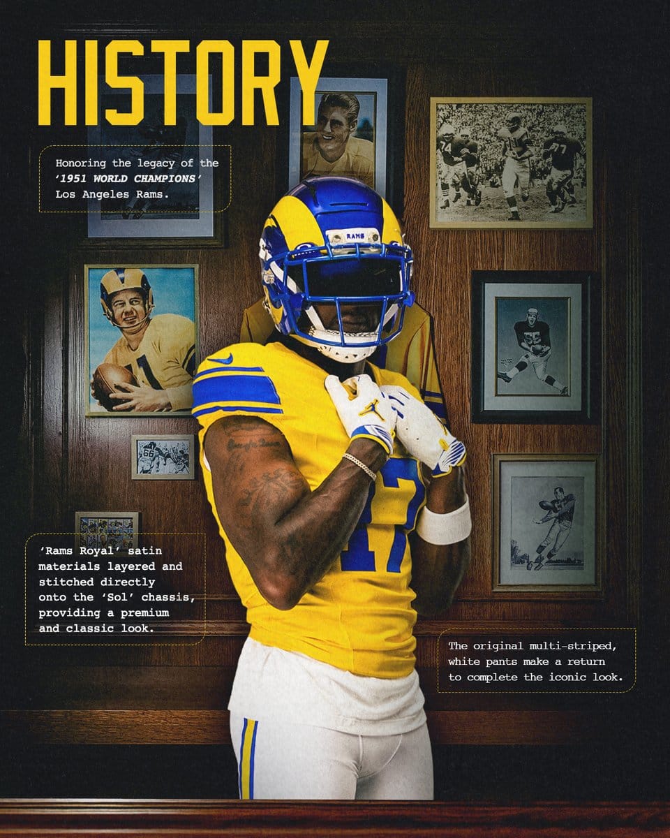 Los Angeles Rams Classic Sol uniform history graphic honoring the 1951 World Champions with white pants