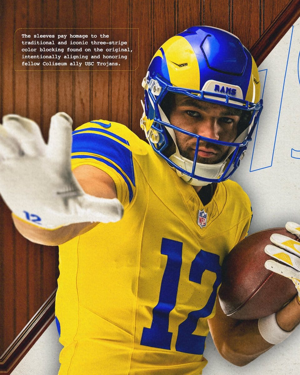 Los Angeles Rams Classic Sol jersey sleeve detail showing the traditional three-stripe color blocking that nods to USC