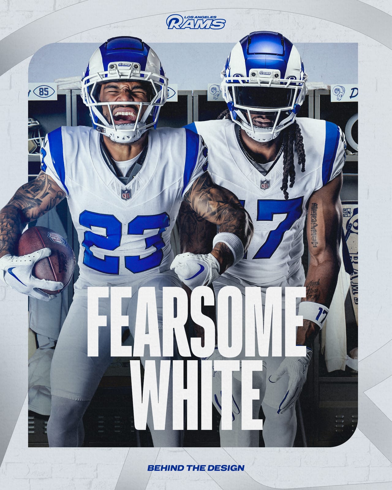 Los Angeles Rams new 2026 Fearsome White alternate jersey with royal blue numbers and white horn helmet