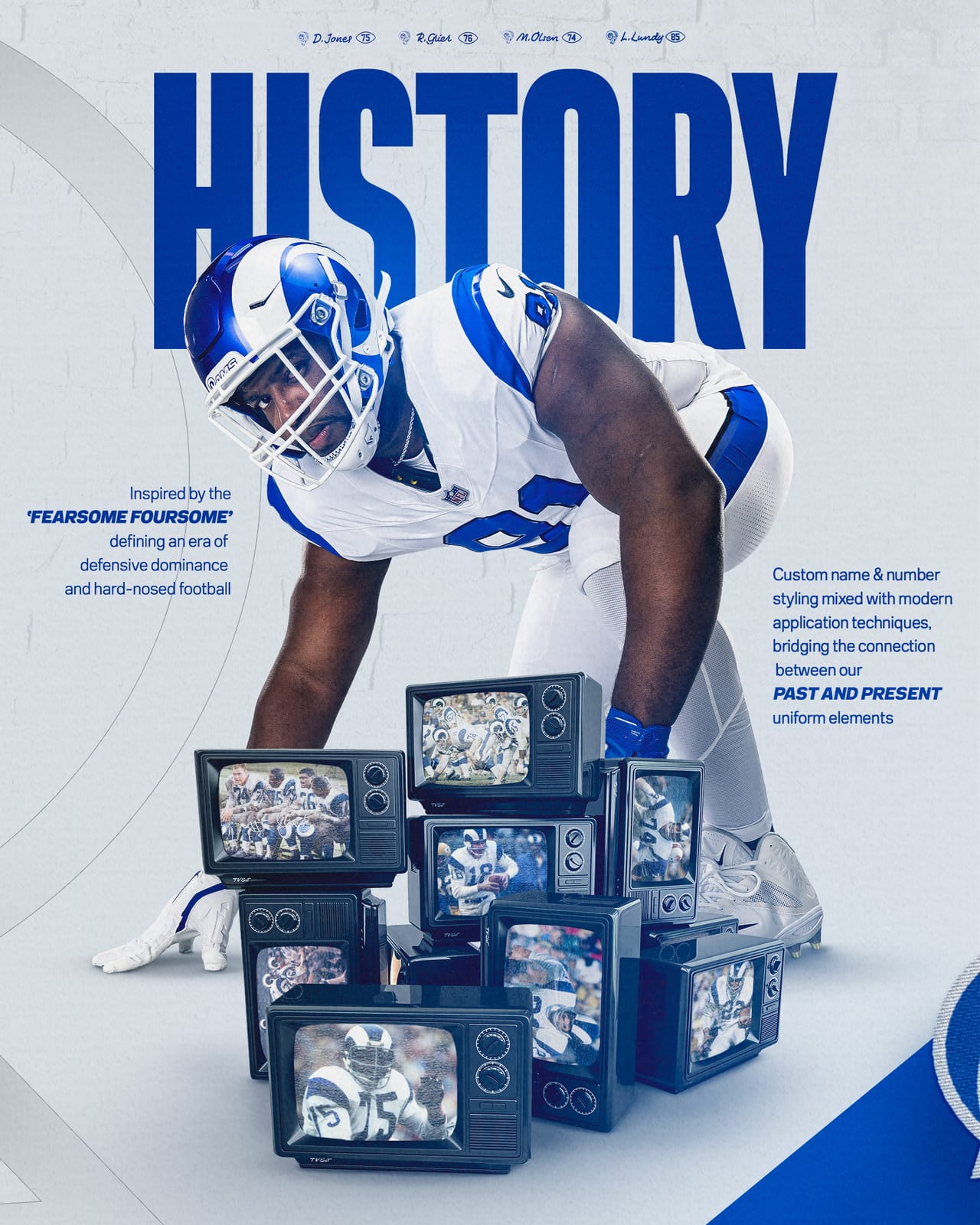 Los Angeles Rams graphic honoring the Fearsome Foursome defensive line on the new 2026 Fearsome White uniform