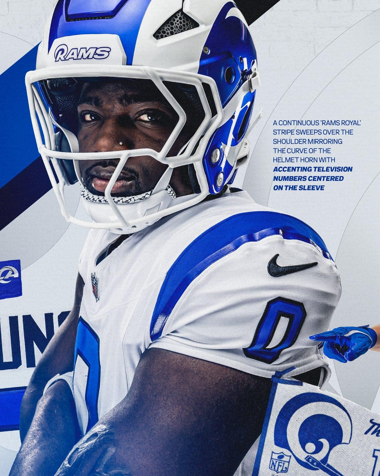 Close-up of the Los Angeles Rams Fearsome White jersey shoulder stripe and white facemask helmet detail