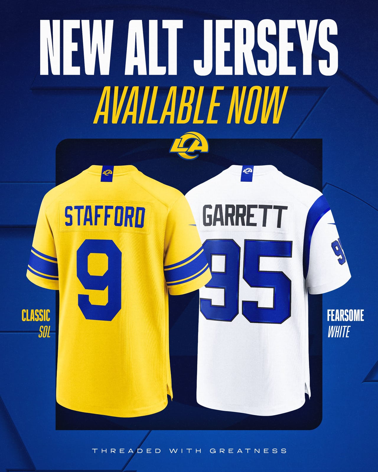 Back view of the Los Angeles Rams new 2026 Classic Sol Stafford and Fearsome White Garrett alternate jerseys