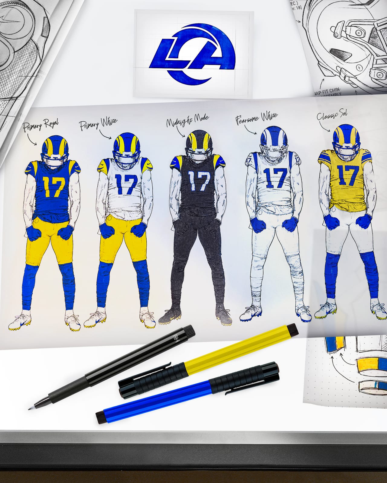 Los Angeles Rams 2026 uniform design sheet showing Primary Royal, Primary White, Midnight Mode, Fearsome White and Classic Sol
