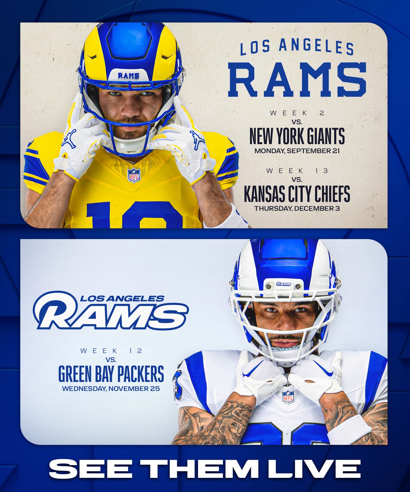 Los Angeles Rams schedule graphic showing when the Classic Sol and Fearsome White alternate jerseys will be worn in 2026