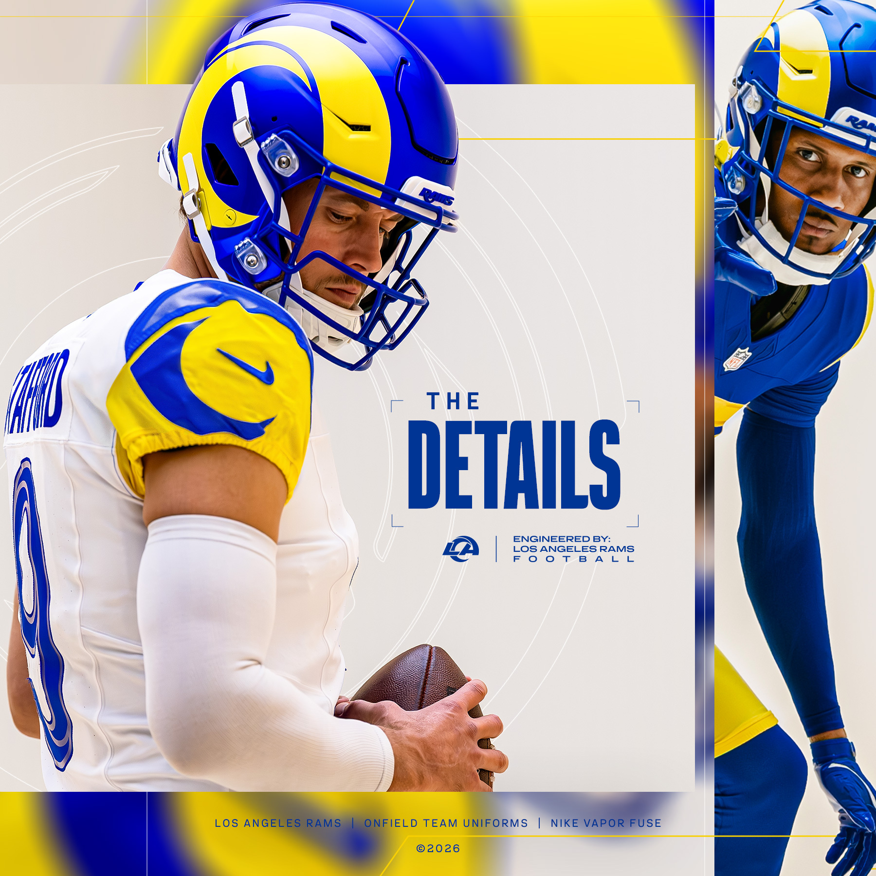 Los Angeles Rams 2026 uniform details graphic featuring Matthew Stafford