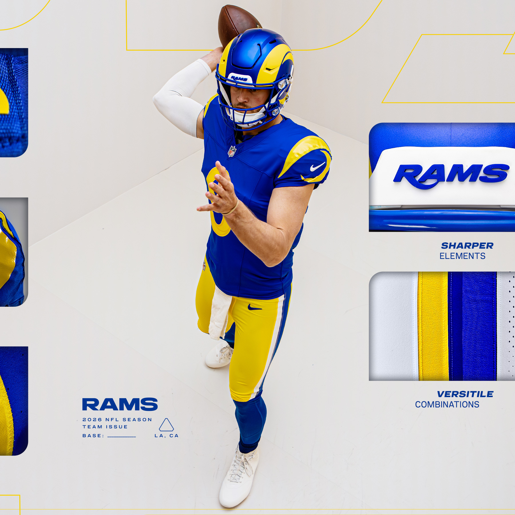 Los Angeles Rams new 2026 blue home uniform with yellow pants and new Rams helmet bumper wordmark