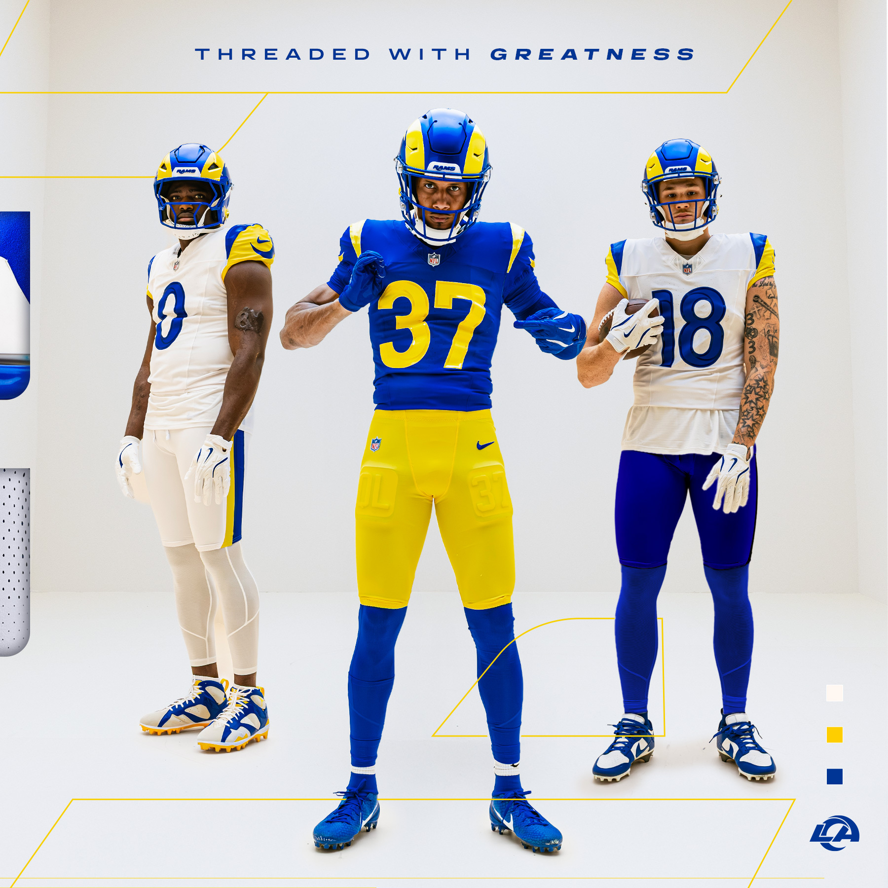 Three Los Angeles Rams uniform combinations for 2026 featuring white away white away with blue pants and blue home with yellow pants
