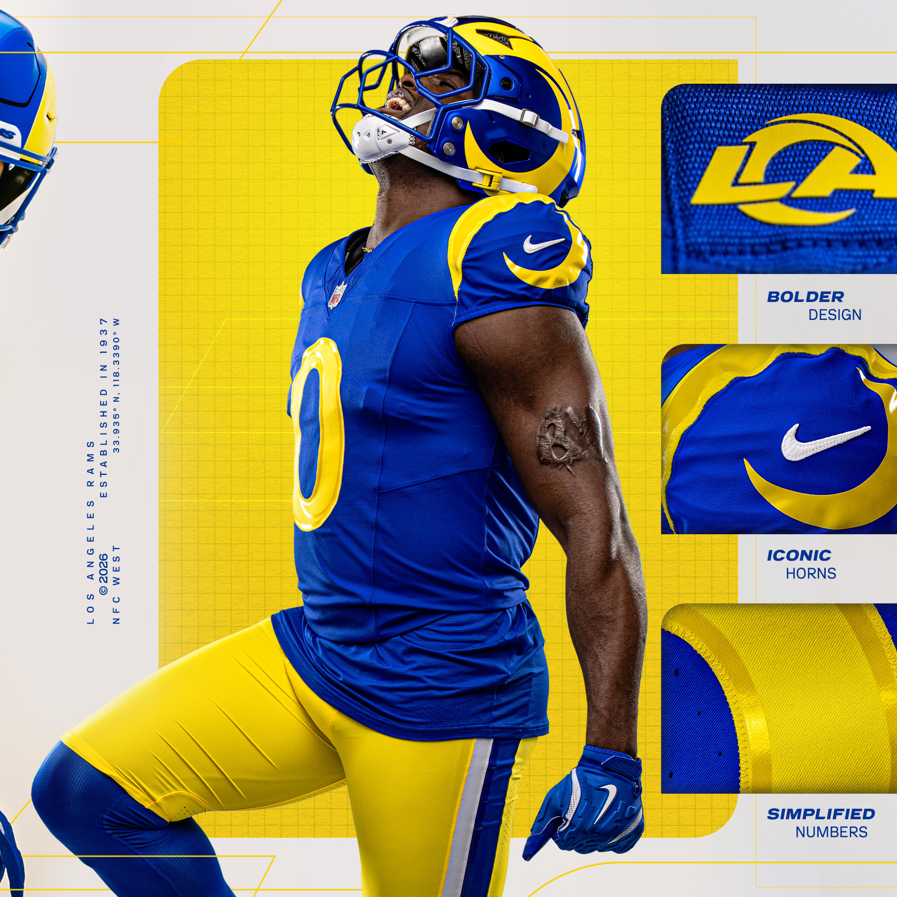 Close-up of new Los Angeles Rams 2026 yellow pants with redesigned horn stripe