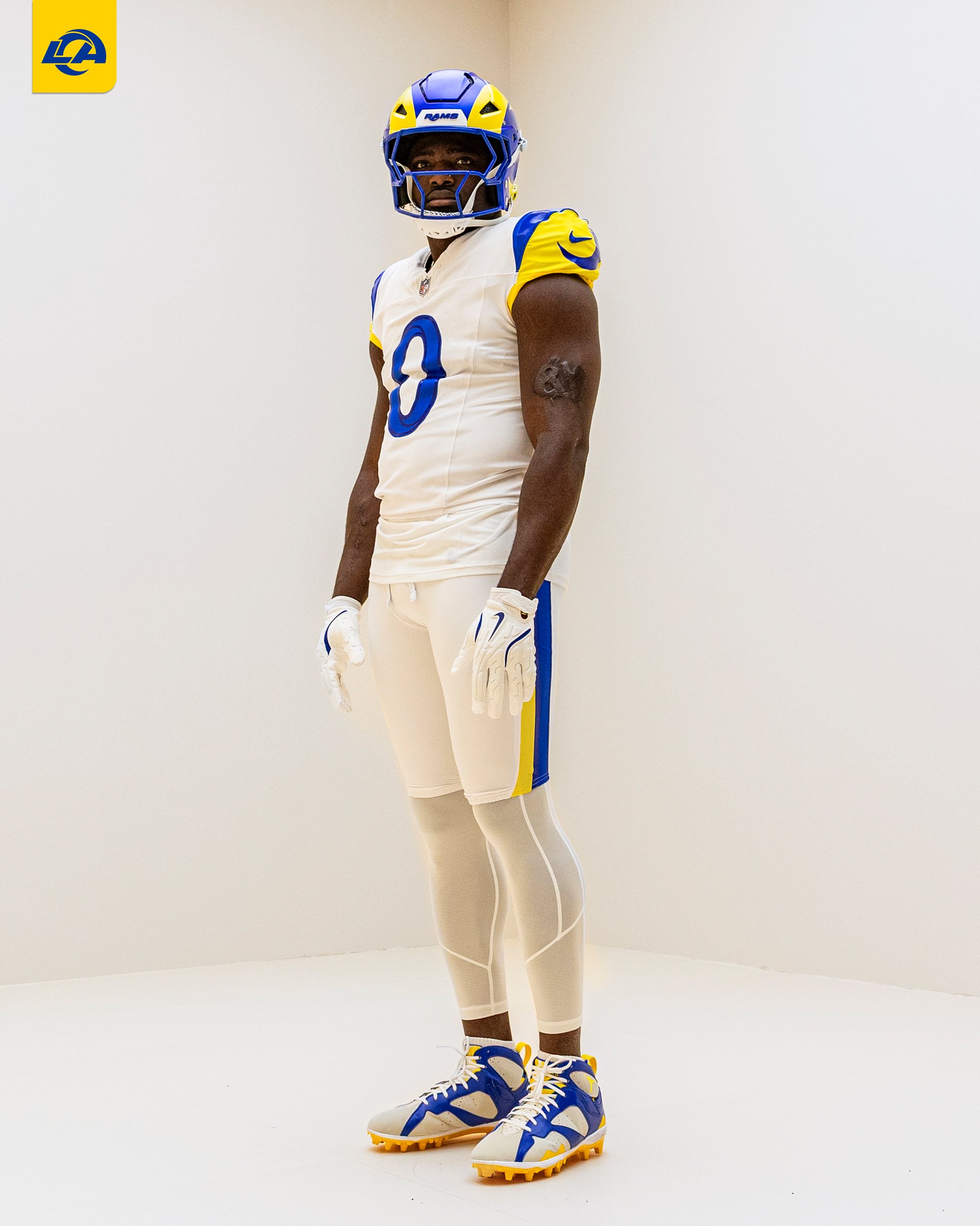 Los Angeles Rams new 2026 white throwback away uniform full body view with horn stripe on shoulder