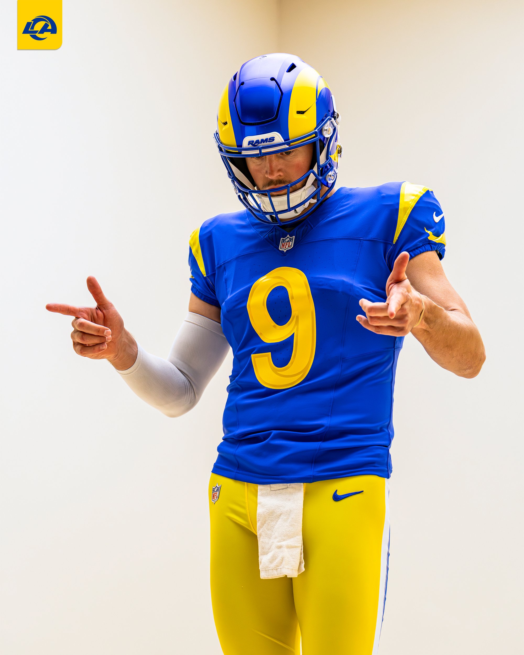 Matthew Stafford in new Los Angeles Rams 2026 blue home uniform with horn stripes