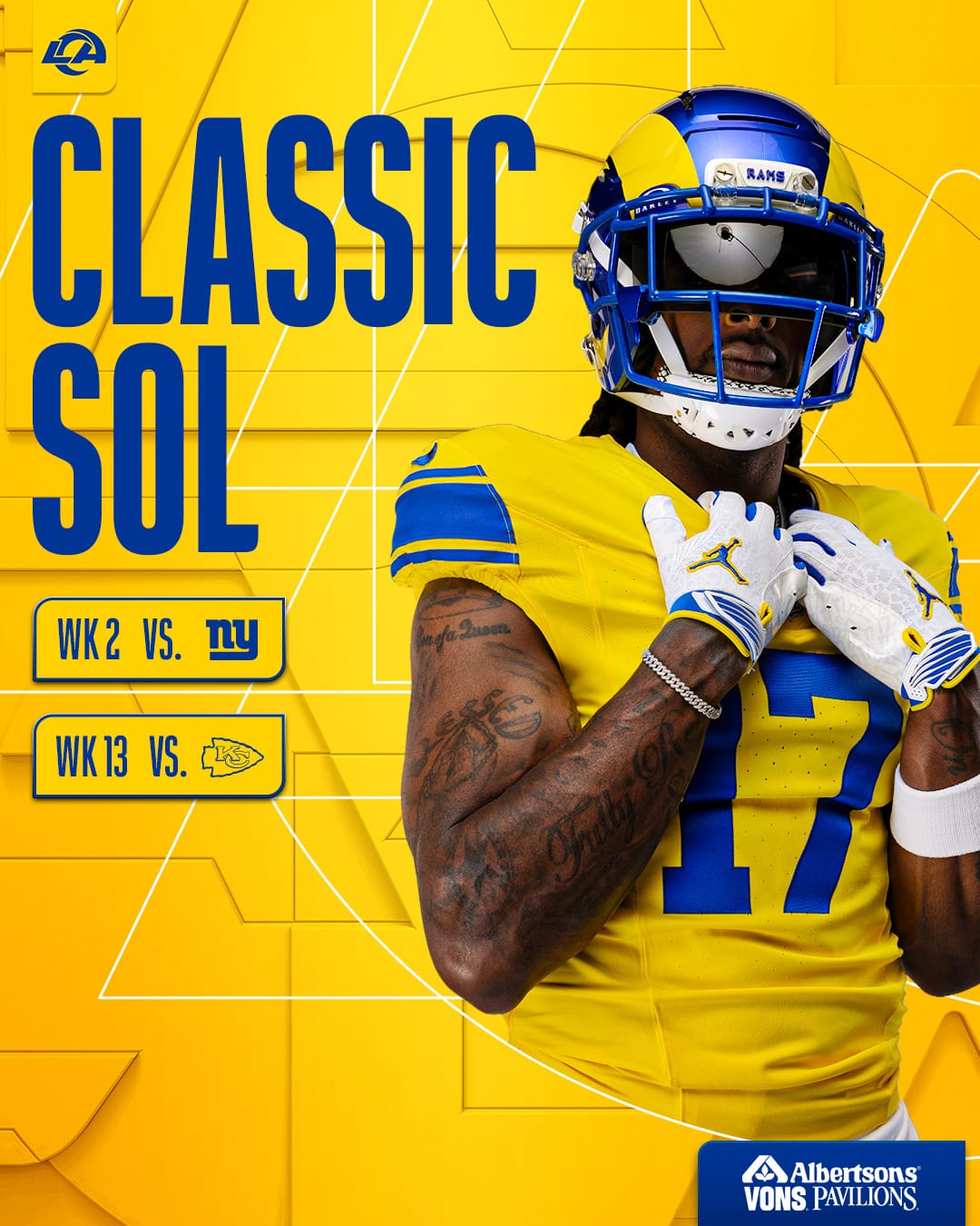 Los Angeles Rams Classic Sol gold throwback jersey schedule graphic, assigned to Week 2 against the Giants and Week 13 against the Chiefs