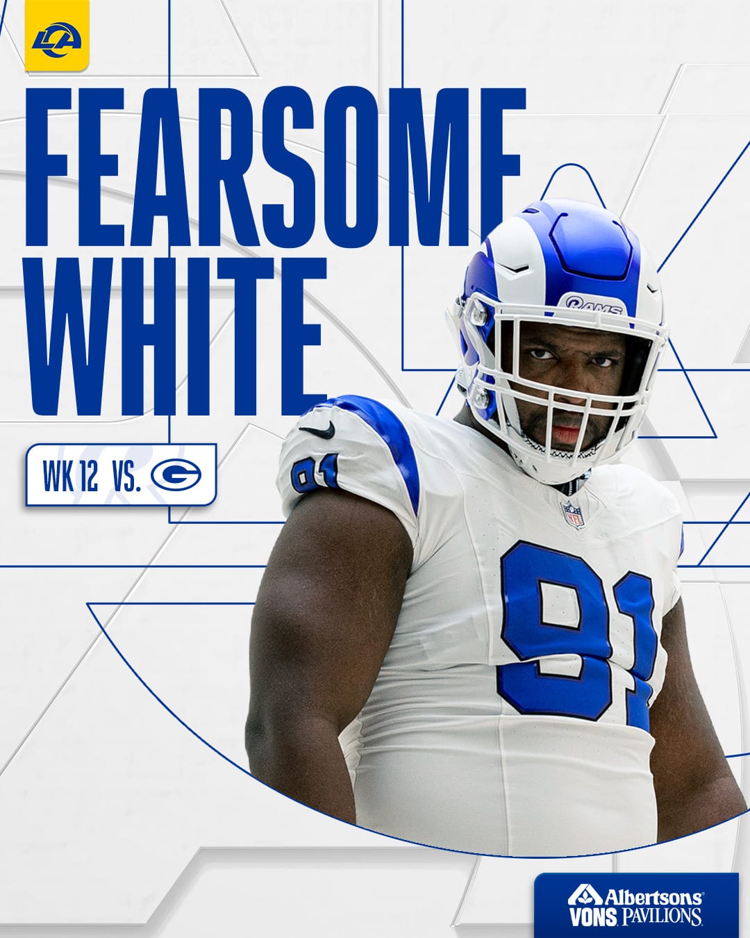 Los Angeles Rams Fearsome White alternate jersey schedule graphic with the white-horn helmet, assigned to Week 12 against the Packers