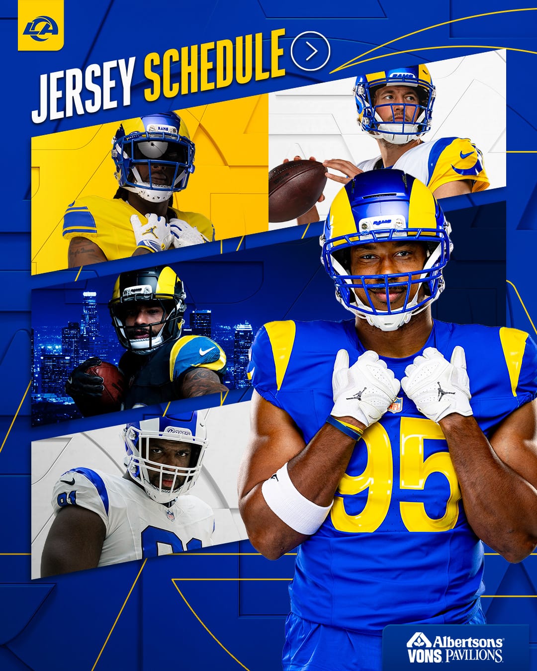 Los Angeles Rams 2026 jersey schedule graphic showing all five uniforms: the gold Classic Sol, the white primary, the black Midnight Mode, the Fearsome White alternate, and the royal blue primary worn by a player in the foreground