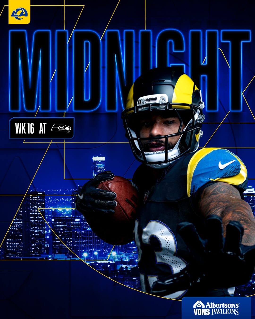 Los Angeles Rams Midnight Mode black Rivalries jersey schedule graphic with the black helmet over a night skyline, assigned to Week 16 at the Seahawks