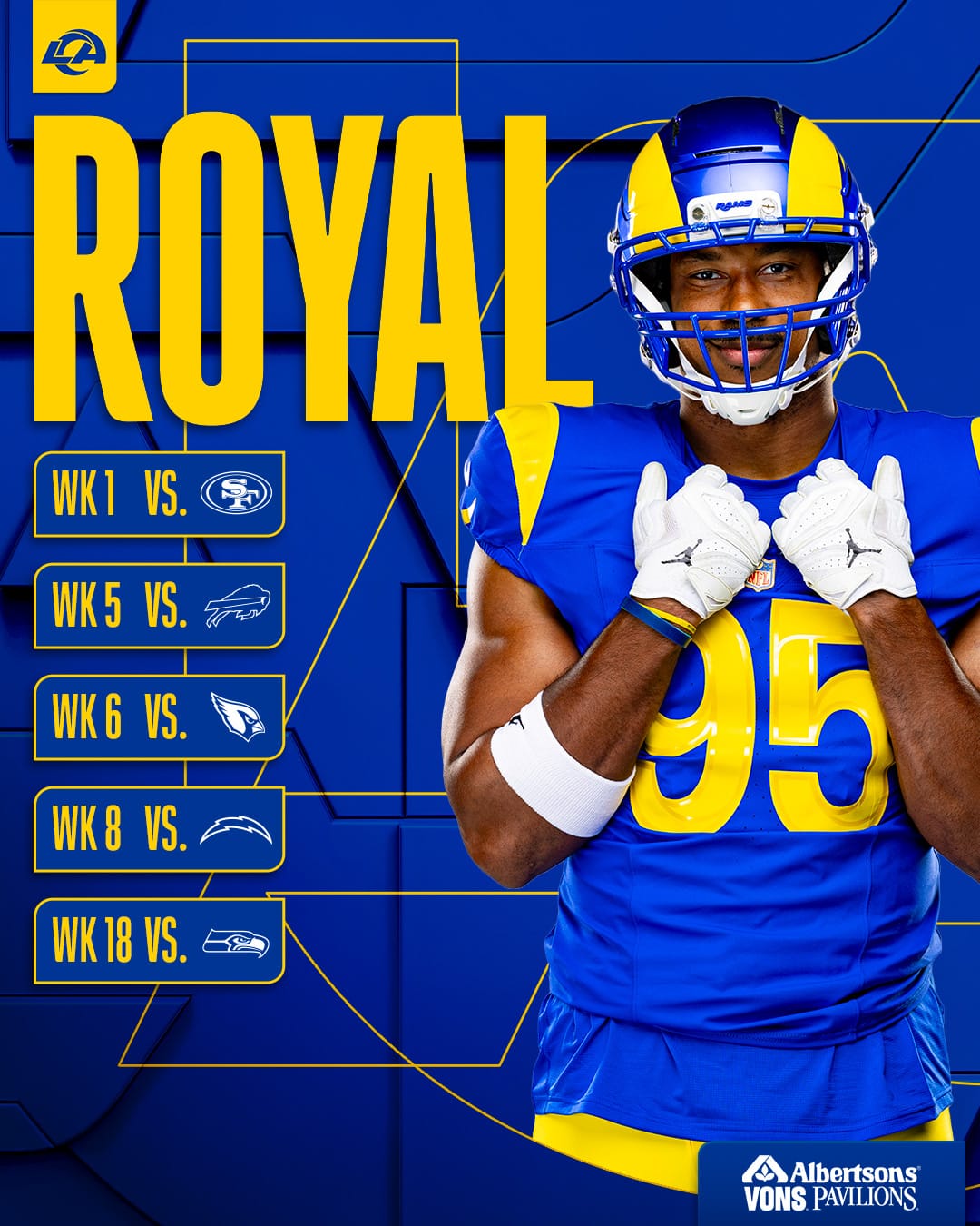 Los Angeles Rams royal blue primary jersey schedule graphic, assigned to Week 1 against the 49ers, Week 5 against the Bills, Week 6 against the Cardinals, Week 8 against the Chargers, and Week 18 against the Seahawks