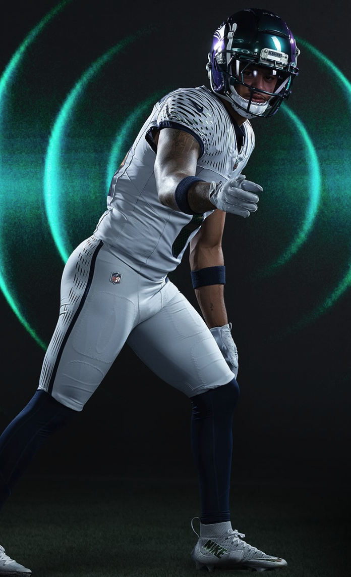 Seahawks full body iridescent rivalry jersey showing reflective pattern on white uniform